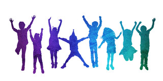 彩色剪影人物儿童向上跳跃活泼庆祝元素GIF动态图